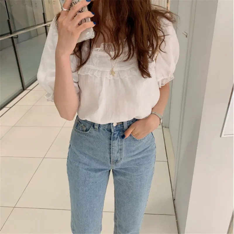 

Alien Kitty Korea Chic 2019 Gentle Summer Thin Hook Flowers Sweet Patchwork Square Collar Ruffles Puff Sleeves White Shirts