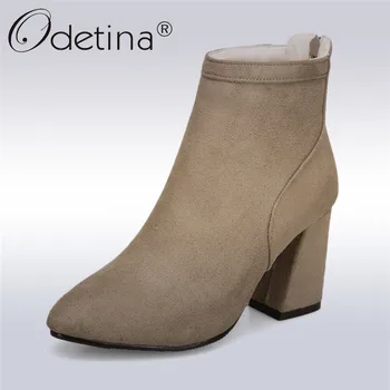 

Odetina New Fashion Concise Ankle Boots For Women Hoof High Heel Pointed Toe Back Zipper Ladies Boots Winter Shoes Large Size 50