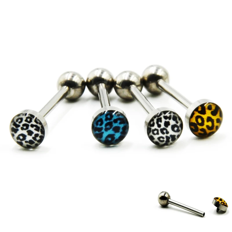 1Pc Screw Fit Internally Thread Leopard Logo Tongue Barbell Ring Studs Bars Piercing Body Jewelry 14g