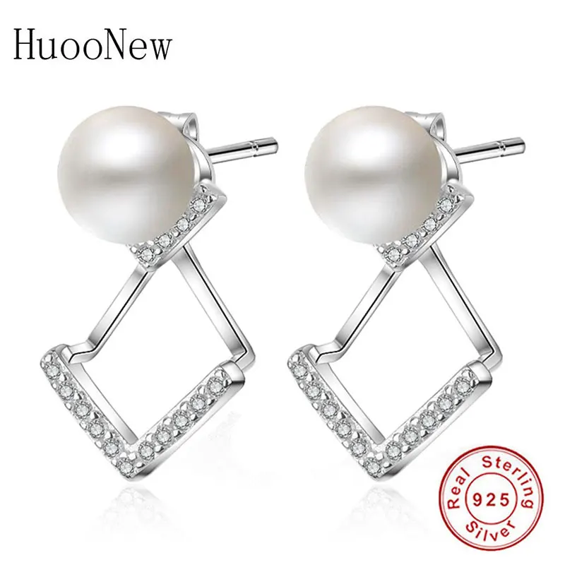 

HuooNew 925 Sterling Silver Square Geometric Simulated Pearl CZ Stud Earrings Women's Female Girl Wedding Christmas Brinco Gift