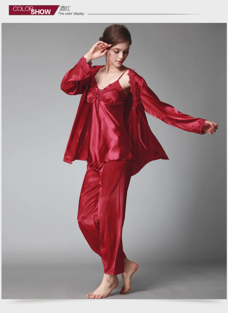 SSH036 Женская шелковая атласная пижама, женский сексуальный пижамный комплект из 3 предметов, одежда для сна с v-образным вырезом, топ с длинными рукавами, длинные штаны, осенняя одежда для сна