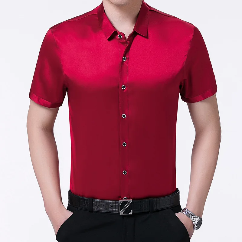 

100% Silk Men Shirt Short Sleeve Summer Red Black Shirt Korean Men Clothes Formal Man Shirts High Quality Camisa CH-777 KJ1952