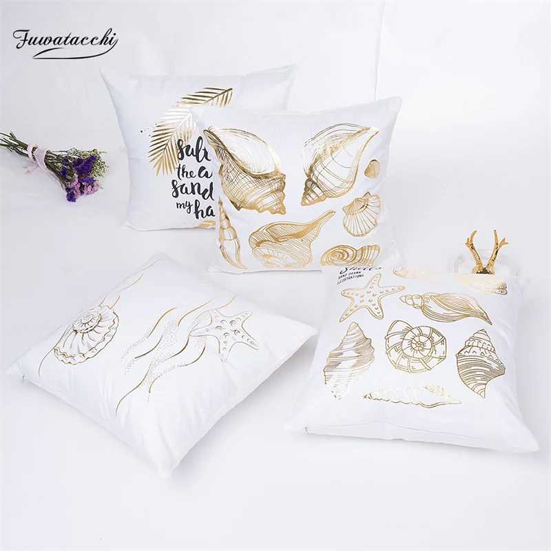 

Fuwatacchi Conch Marine Life Gold Stamping Cushion Cover White Soft Pillow Cover for Sofa Bedroom Decorative Pillowcases 2019