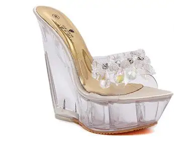 Новинка года; женские летние прозрачные модные шлепанцы на очень высоком каблуке; пикантные шлепанцы на платформе с кристаллами и на высоком каблуке - Цвет: apricot crystal