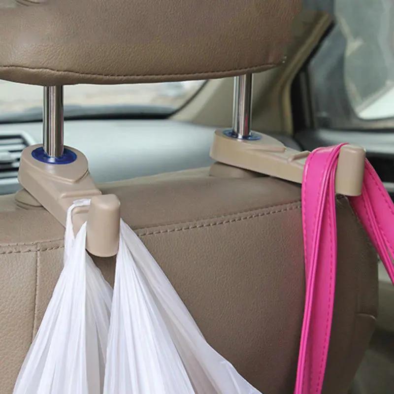 2Pcs Khaki Car Auto Seat Headrest Coat Purse Bag Organizer Holder Hooks