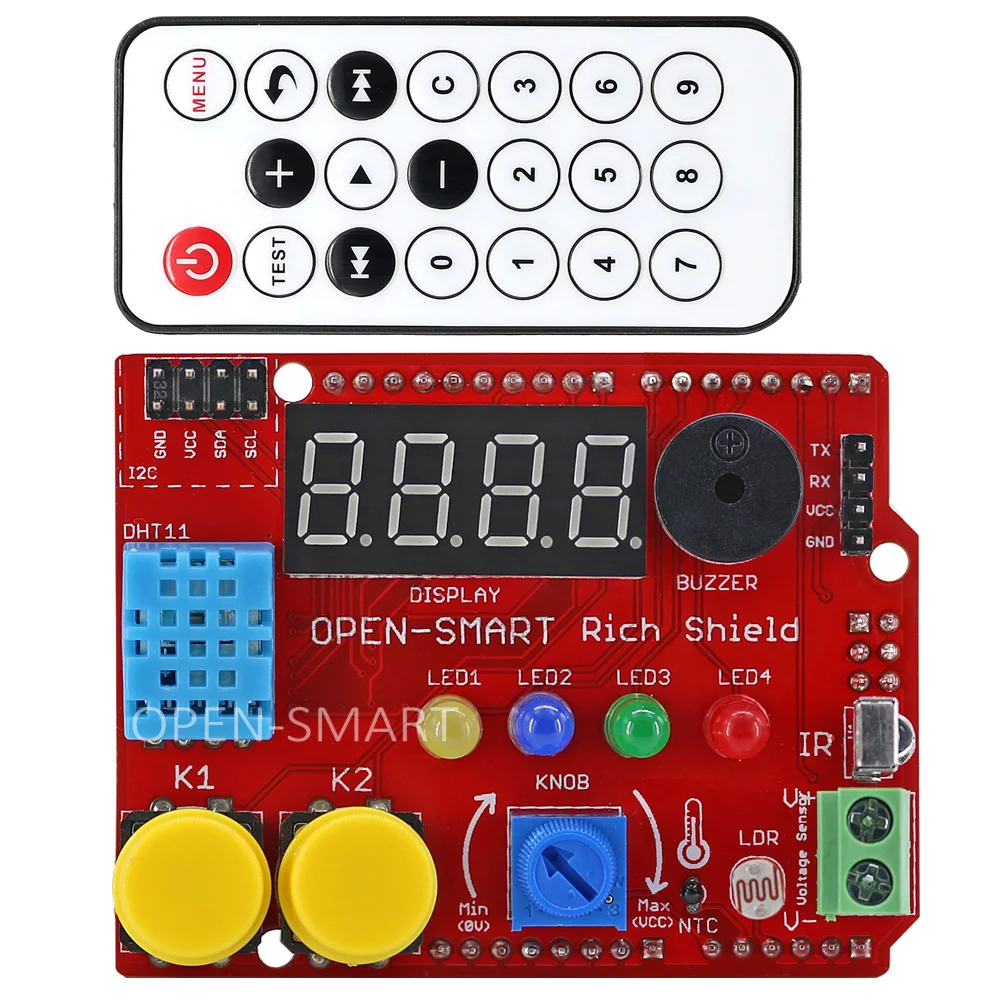 Rich Shield + IR Remote with Infrared Receiver LED Buzzer Button Light Sensor Temperature Sensor 24C02 EEPROM for Arduino UNO R3