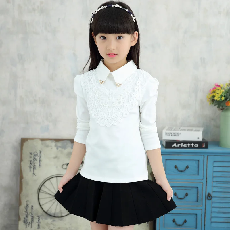 School Girls Blouse Shirts New Spring Fashion Kids Solid Turn-Down Lace Flower Blouses High Quality Children Cotton Clothes