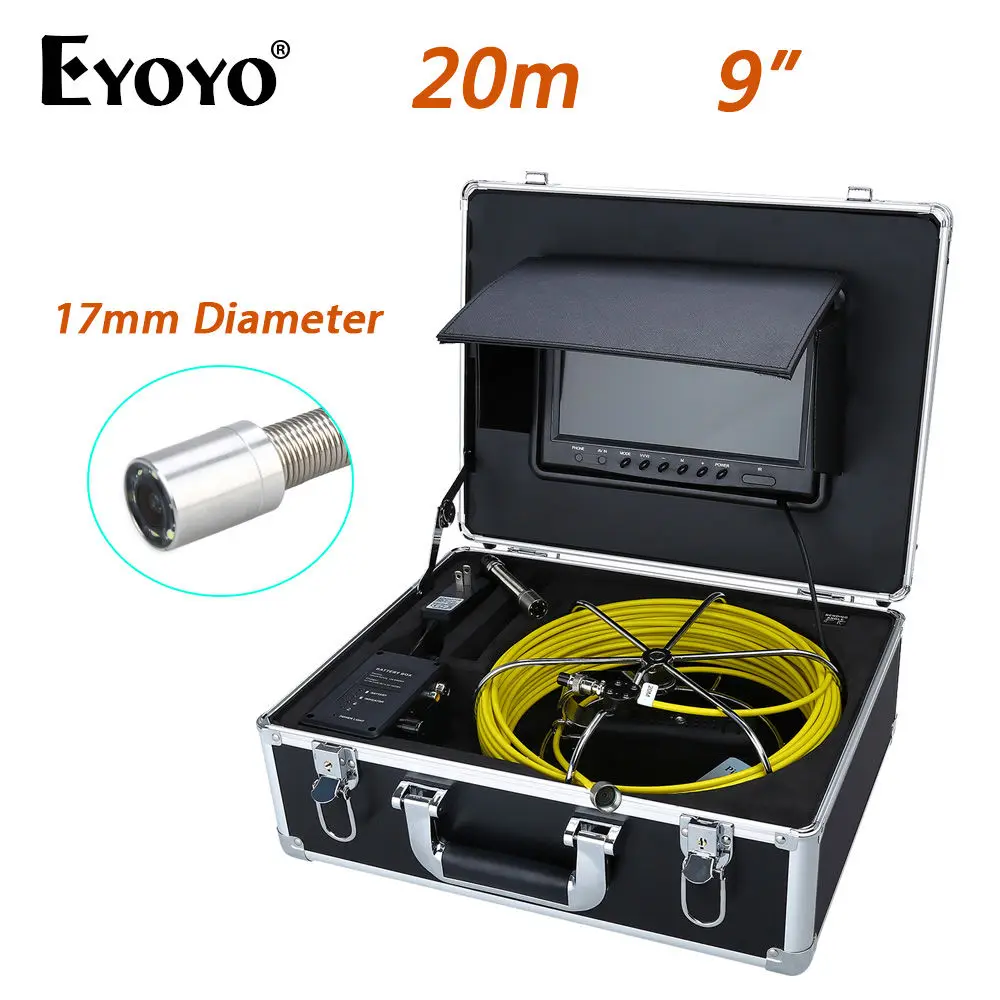 

Eyoyo 20M 9" LCD 17mm Wall Drain Sewer Pipe Line Inspection Camera System CCTV Cam 1000TVL Snake Inspection Color HD Sun shield