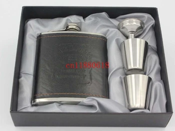 

10sets/lot Free shipping 7oz leather wrapped hip flask + 2 cups + funnel With Retail box For Gift