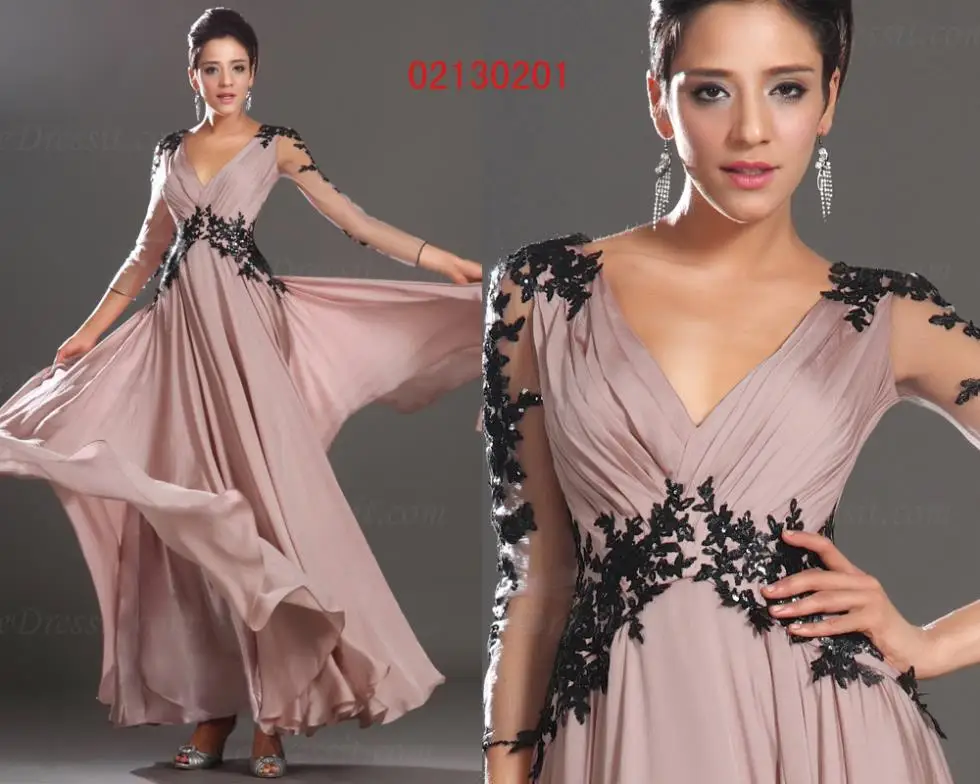 Vestidos robe de soiree пляжные чёрные Кружевные Аппликации три четверти рукава v-образный вырез Длинные платья для матери невесты