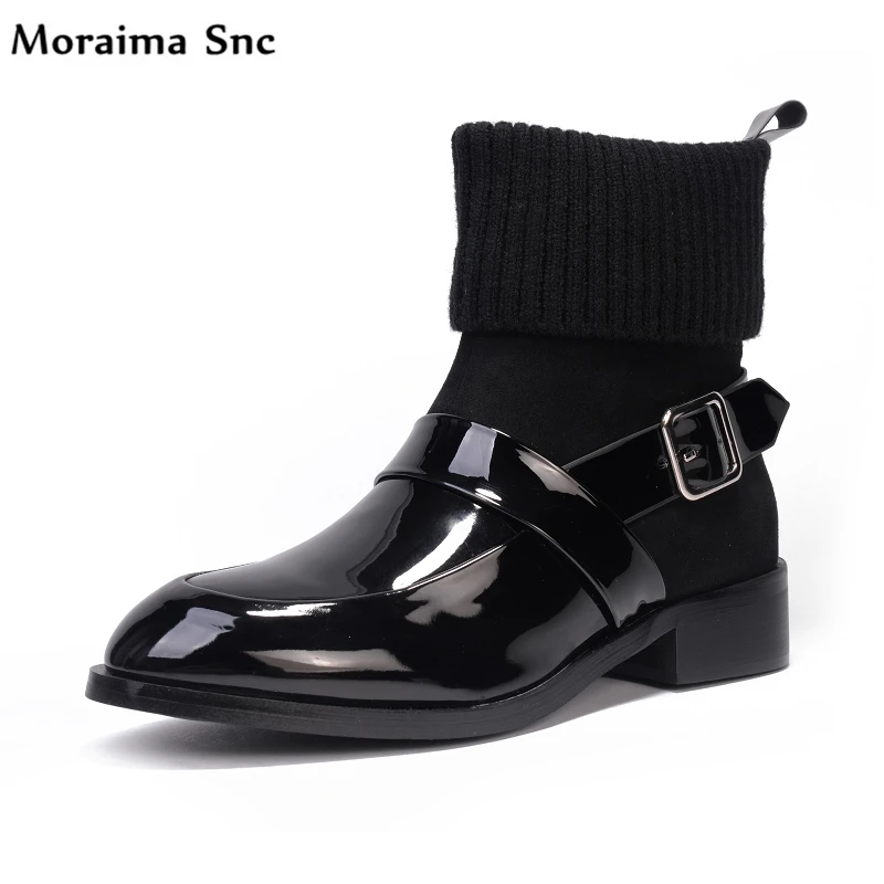 

Moraima Snc mixed colors leather buckle Decoration square heel black platform Ankle boots slip-on Riding boots Round toe