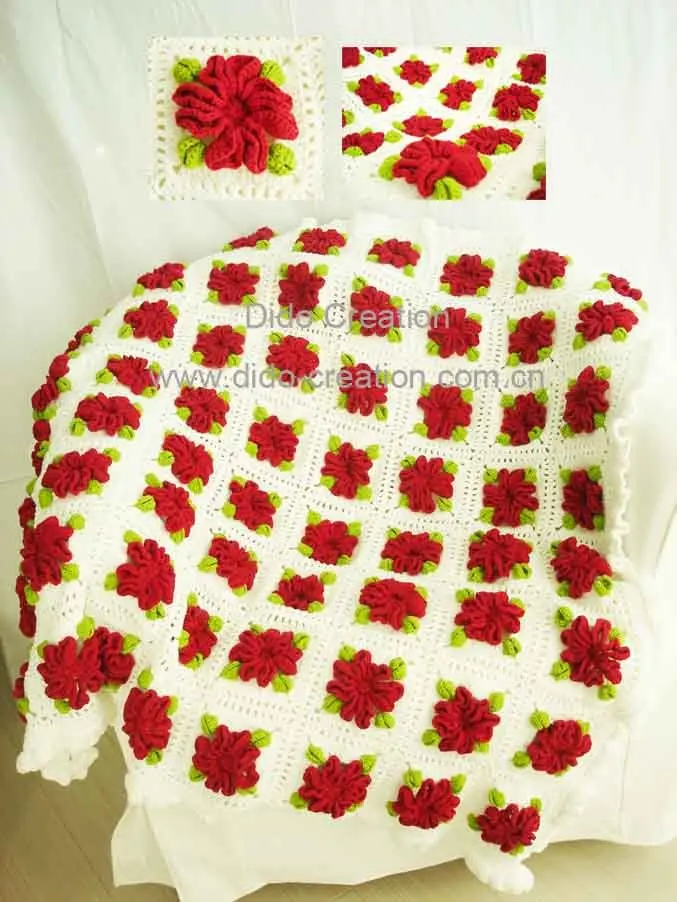 DD10005A Hand Crochet Baby Red flowers cotton fabric Soft Blankets