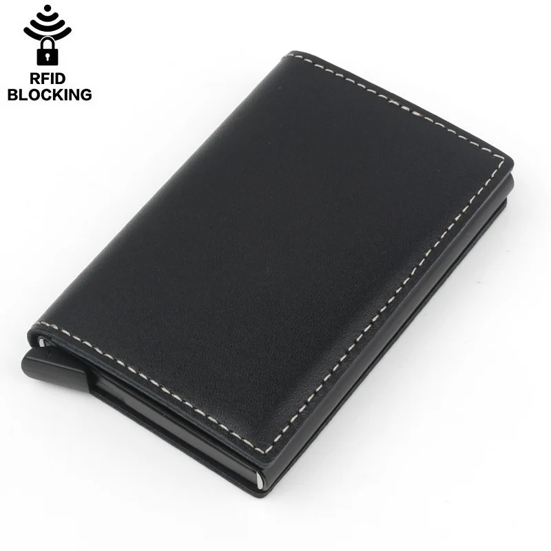 

Fashion Man Rfid Blocking Credit Card Holder Aluminium Metal Box bank Card protector Crazy Horse Genuine Leather Pop up Wallet