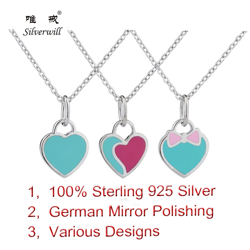

Silverwill Elegant Brand jewelry sterling 925 silver blue Heart Pendant necklace 3 designs size adjustable women birthday gifts