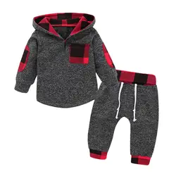 Лидер продаж 2019 года, Модный хлопковый пуловер в клетку с длинными рукавами и капюшоном для маленьких мальчиков и девочек, топы и штаны