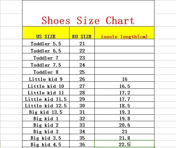 Toddler And Kid Shoe Size Chart