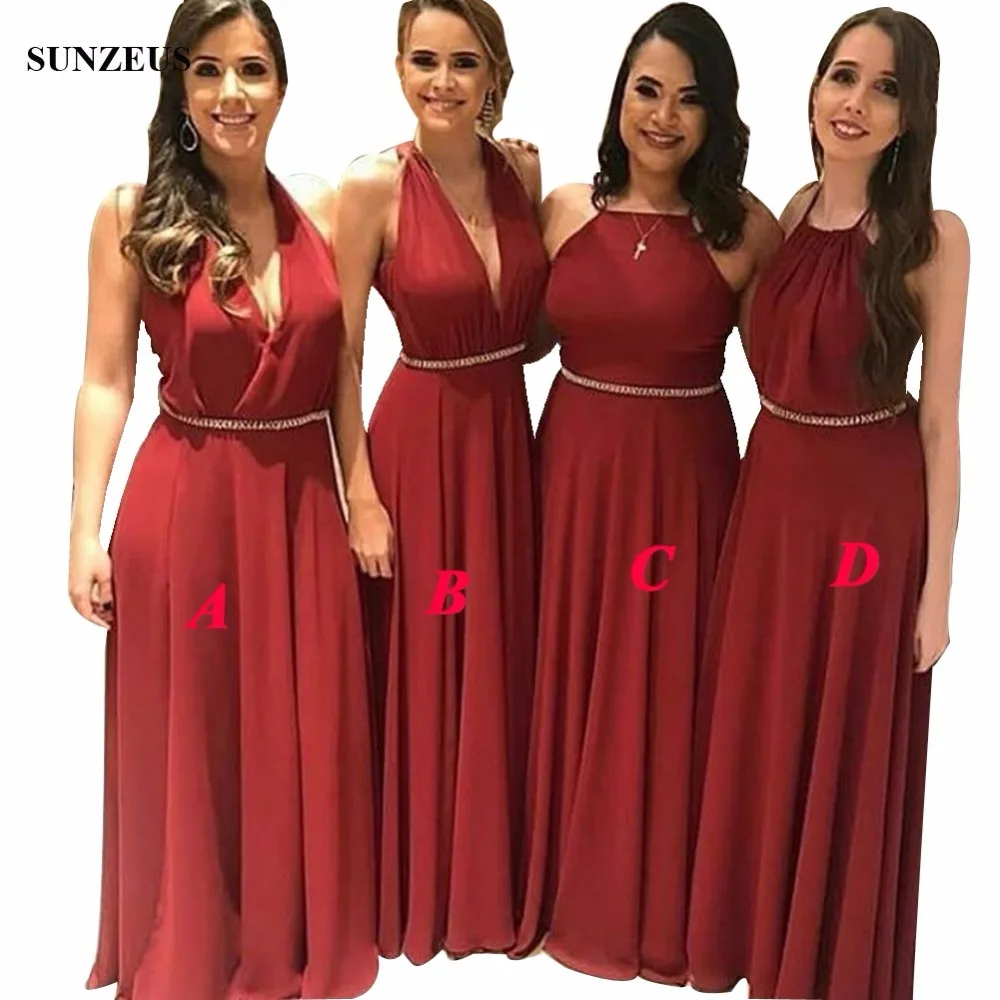 Burgundy Bridesmaid Dresses V neck Halter Chiffon Long Women Wedding