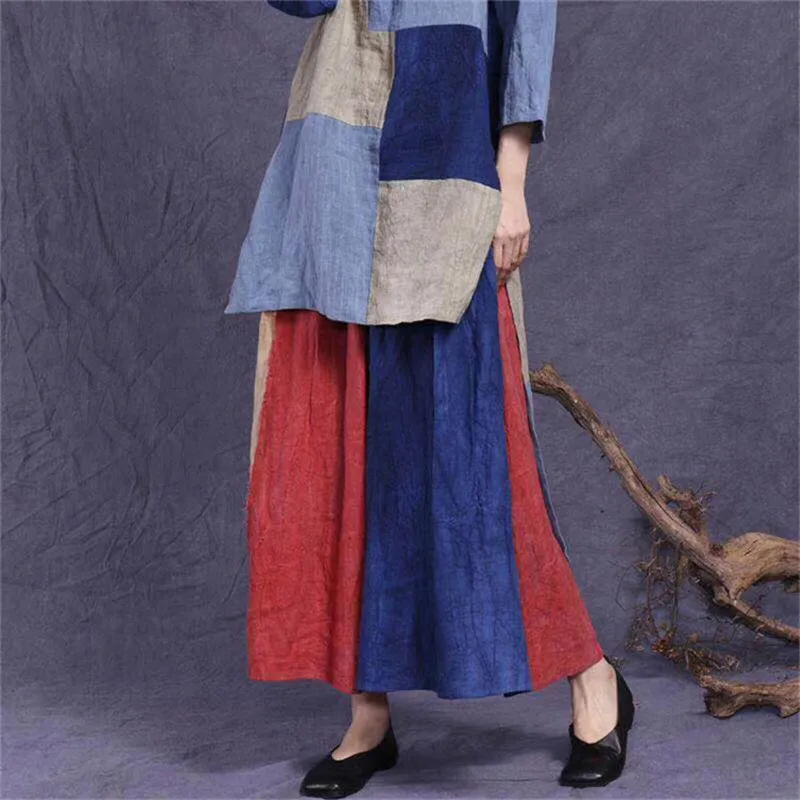 

SCUWLINEN 2019 Vintage National Style Women Skirts Modis Casual Personalized Patchwork Elastic Waist Loose Long Linen Saias P029
