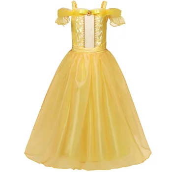 

Girls Summer Fancy Dress Kids Yellow Shoulder Princess Party Dress Beauty and the Beast Belle Cosplay Kid Long Halloween Dress
