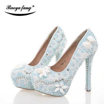 

BaoYaFang New arrival Light Blue pearl Women wedding shoes Shell crystal fashion shoes woman High heels platform shoes