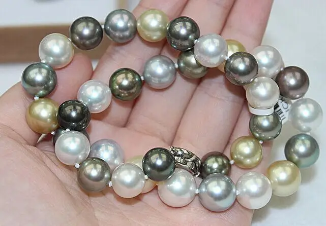 

Charming 18"10-11mm genuine natural tahitian black white gold gra pearl necklace