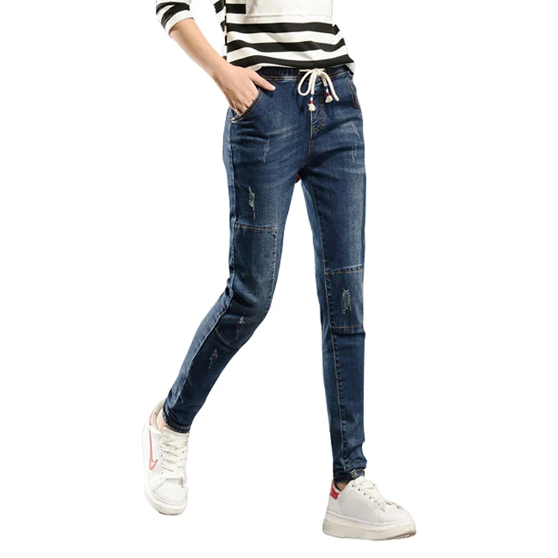 2017 drawstring Women Denim cotton mid Elastic waist Pants Spring Summer Jeans Female stretch spliced long