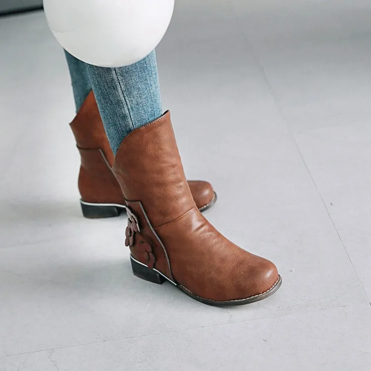 

Big Size 11 12 13 14 15 Ma'am Low-heel Short boots Blue Patchwork round head Boot barrel High heel boots