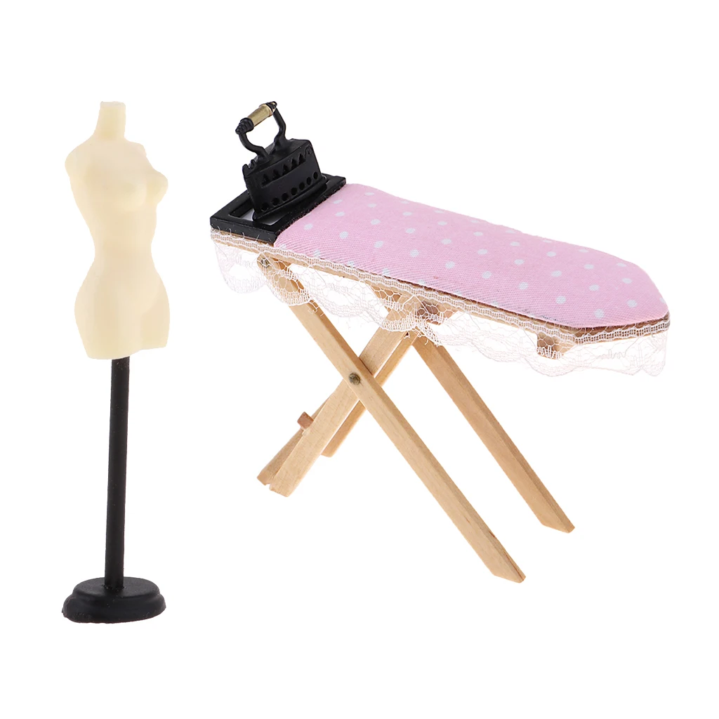 1:12 Dollhouse Miniature Doll Display Stand & Wooden Ironing Board Table with Vintage Metal Room Decor Laundry Room Furniture