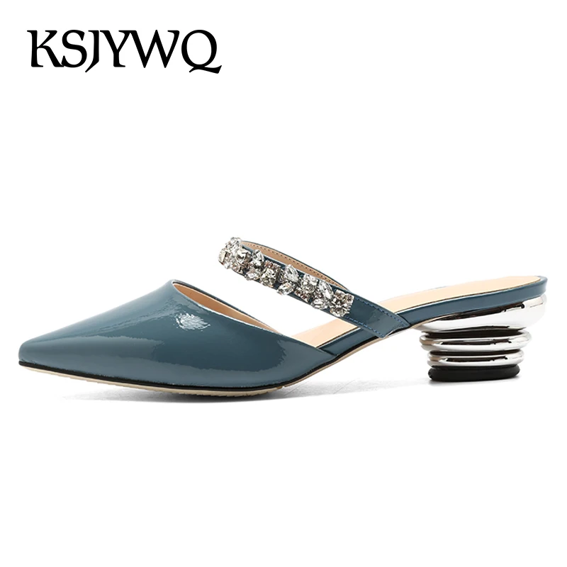 

KSJYWQ Blue Leather Women Mules 4 CM Chunky Heels Sexy Pointed-toe Crystal Slippers Summer Slides Woman Pumps Box packing T5-36