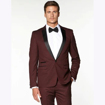 

2018 Notch Black Lapel Groom mens suit Tuxedo Burgundy/Wine red Men Wedding Suits terno masculino costume homme (Jacket+Pants)