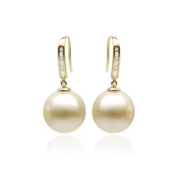 

18K Yellow Gold AAA Cream South Sea Cultured Pearl Diamond Drop Earrings 12-13MM
