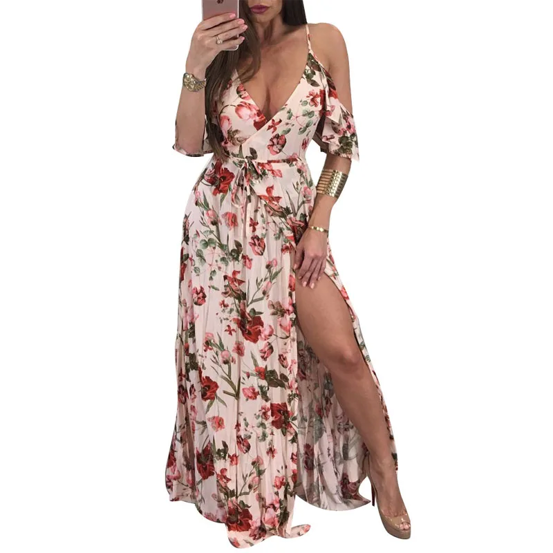 

Woman Bohemian Dresses Sexy Deep V Neck Retro Vintage Floral Print Half Sleeve Tunic Belted Long Maxi Dress Party Female Dress