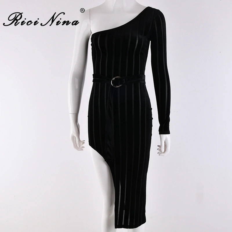 RICININA 2019 Woman Dress Ladies One Shoulder Long Sleeve Hollow Out Slit Backless Woman Party Dresses Vestidos