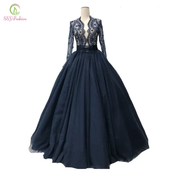 

SSYFashion New High-end Lace Evening Dress Luxury Navy Blue Long Sleeved V-neck Beading Prom Party Gown Custom Formal Dresses