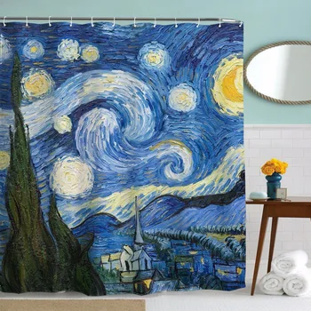 

Starry Night Shower Curtain Printed Van Gogh Starry Night World Famous Paintings Polyester Fabric Print Shower Curtain SC003
