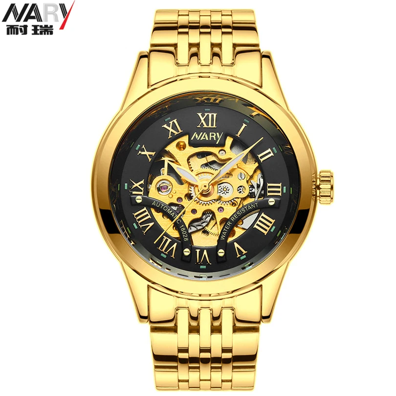 Nary Для мужчин золото Часы автоматические механические часы Мужской Скелет наручные часы Нержавеющая сталь группа Элитный бренд