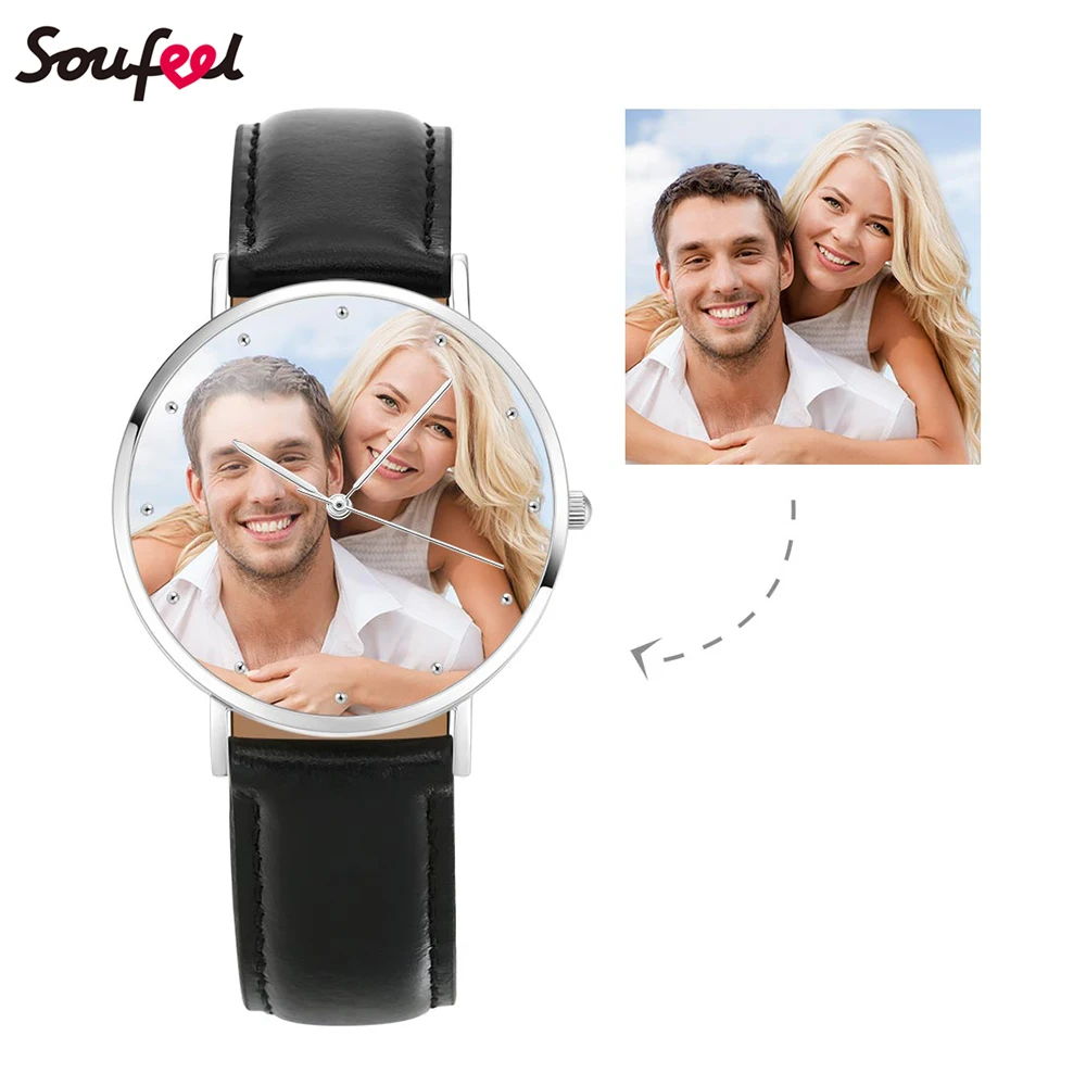 

SOUFEEL Men's Watch Photo Clock Couple Watch with Japanese Movement Black Leather Band Lovers Friends Gifts