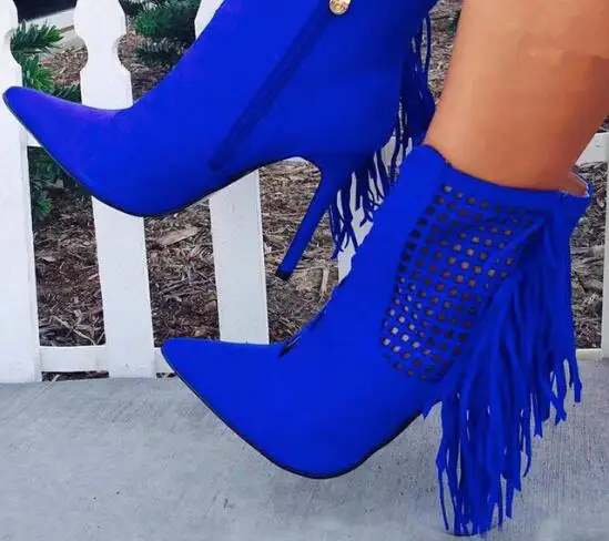 Sestito Woman Sexy Cut-outs Tassel Blue Ankle Boots Girls Side Zipper Stiletto High Heels Short Boots Lady Pointed Toe Shoes Sestito Woman Sexy Cut-outs Tassel Blue Ankle Boots Girls Side Zipper Stiletto High Heels Short Boots Lady Pointed Toe Shoes