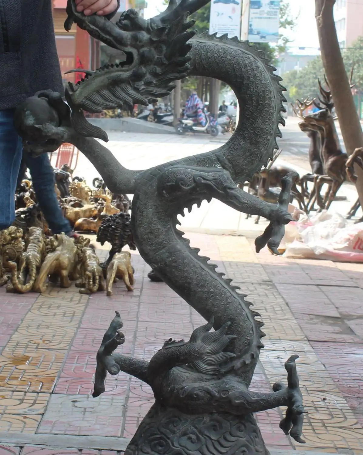 

40" Huge FengShui Bronze Zodiac Year Dragon Dragons Loong Ball Animal Sculpture
