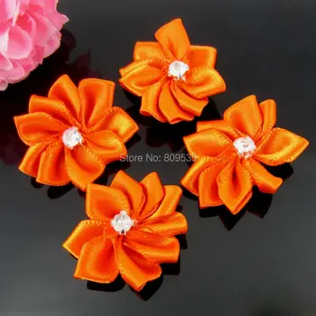 

40Pcs Orange Handmade Small Fabric Satin Flowers with Rhinestone Appliques Sewing Wedding Garment Accessories Flowers 2.8cm