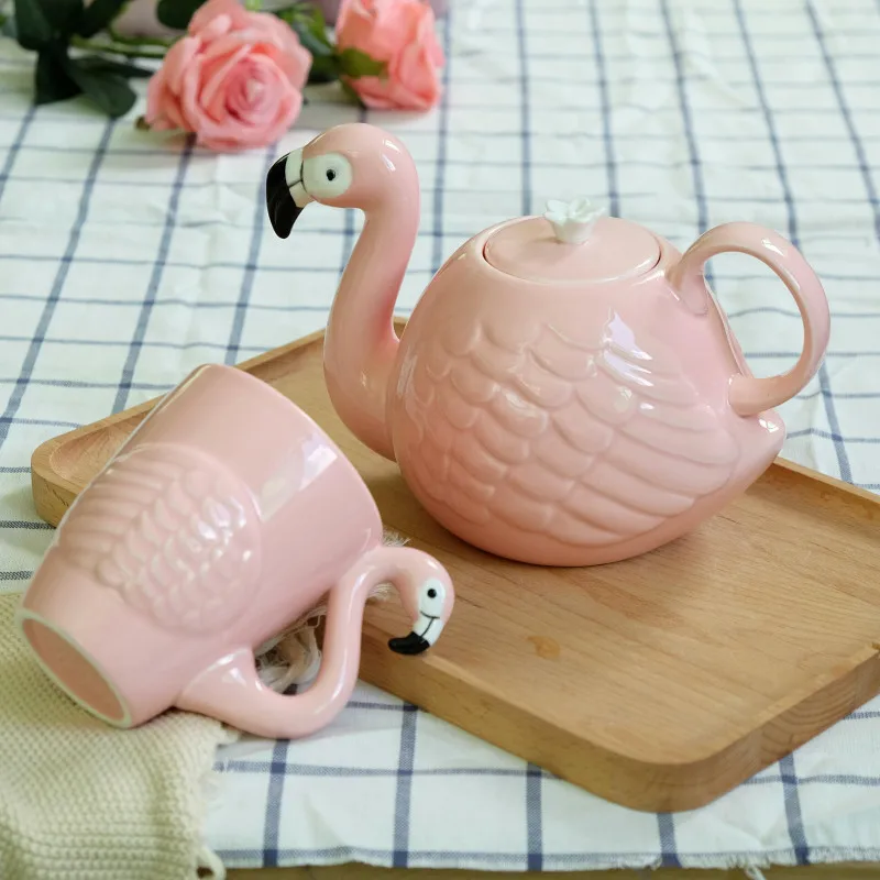 Flamingos Bird Teapots Cups Super Beauty ins Girl Pink Cup Ceramic Cute