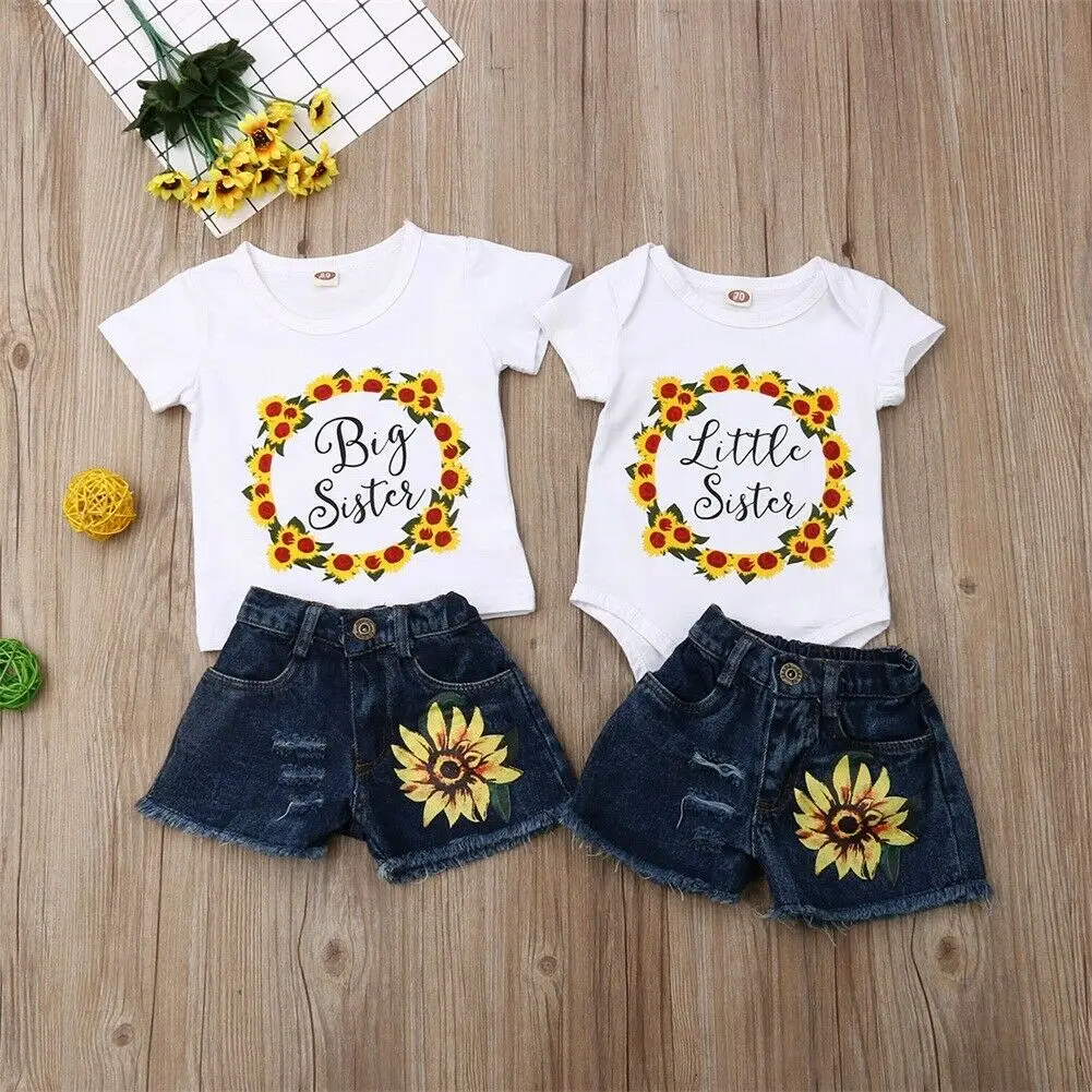 Pudcoco Summer Matching Newborn Kid Baby Little/Big Sister T-shirt Romper Shorts Outfit Clothes Sunflower Set 2Pcs