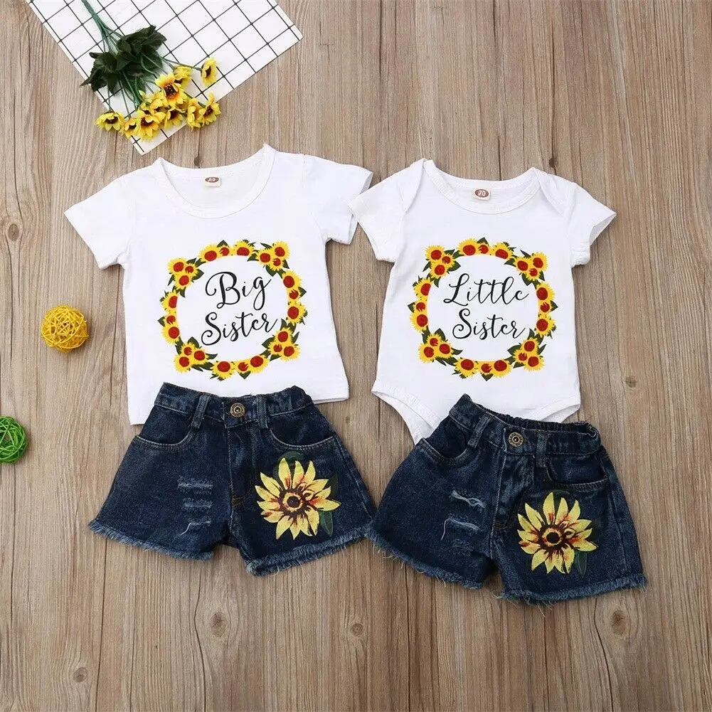 Pudcoco 2019 Summer Matching Newborn Kid Baby Little/Big Sister T-shirt Romper Shorts Outfit Clothes Sunflower Set 2Pcs