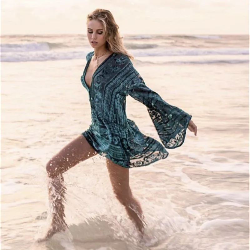 

Women Love Flare Sleeves Plunging Neckline Floral Burn Out Velet Mini Dress