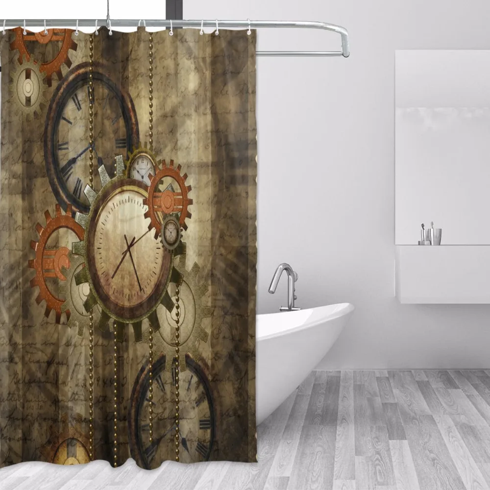 Polyester Waterproof Shower Curtain Retro Steampunk Clocks And Gears 12pc Hook Mildew Resistant