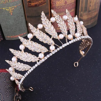 

FORSEVEN Luxury Leaves Princess Tiara Rhinestone Faux Pearl Headwear Baroque Crown Bridal Wedding Accessories Hair JewelryJL