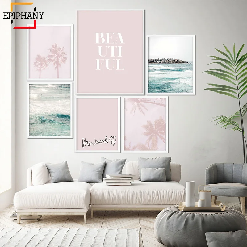 

Modern Wall Art Canvas Painting Sea Beach Landscape Pink Palm Trees Minimalist Posters and Prints Wall Pictures for Living Room