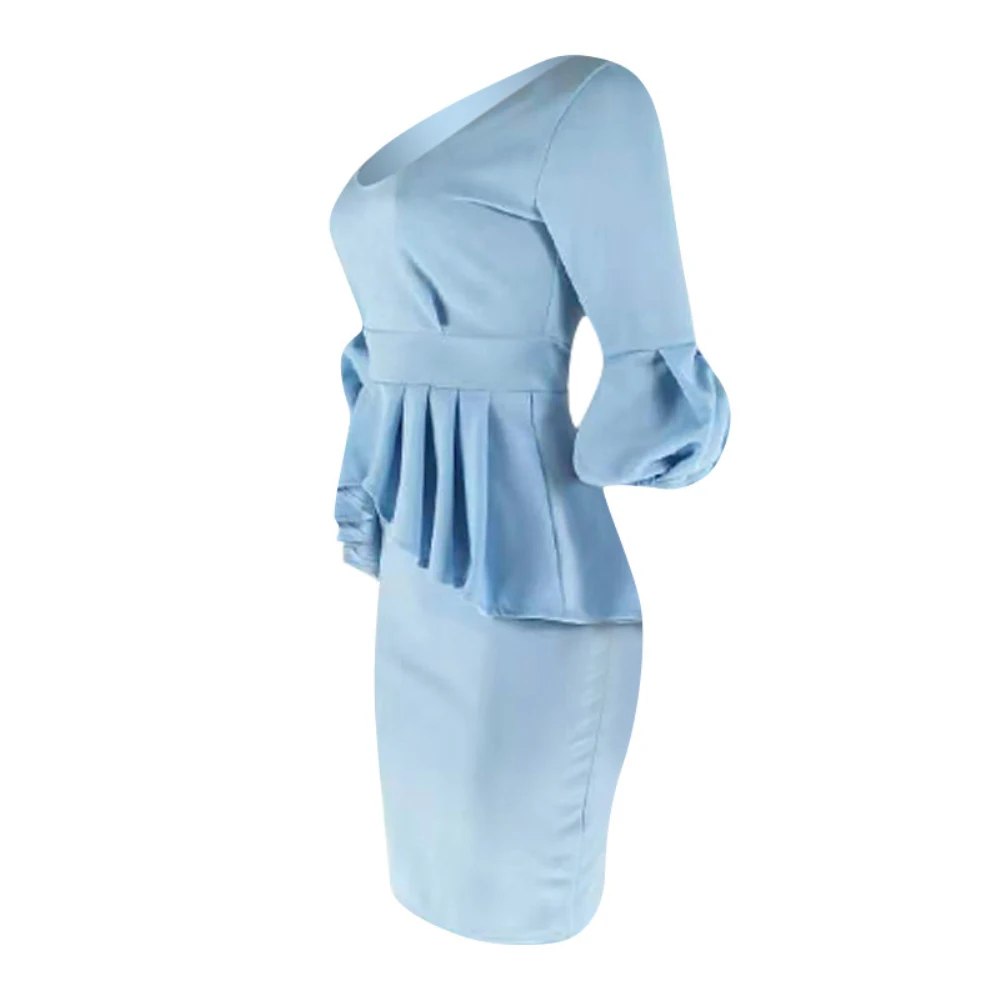 Женская мода 3/4 рукав o-образным вырезом оборки асимметричное 2 шт офисное женское платье