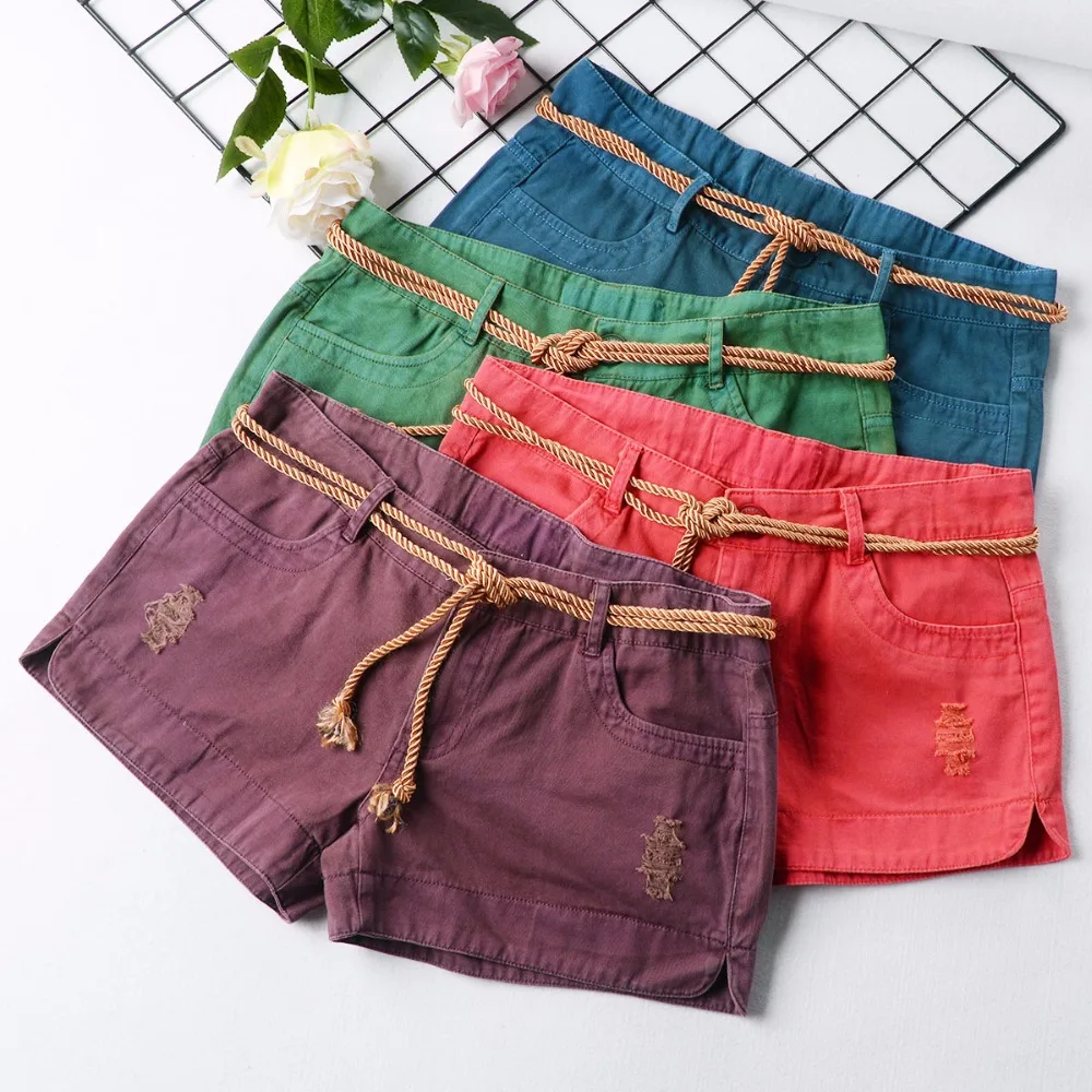 Womens Denim Shorts 2018 Summer Sexy Low Waist Ripped Hole Drawstring Micro Jeans Shorts Female