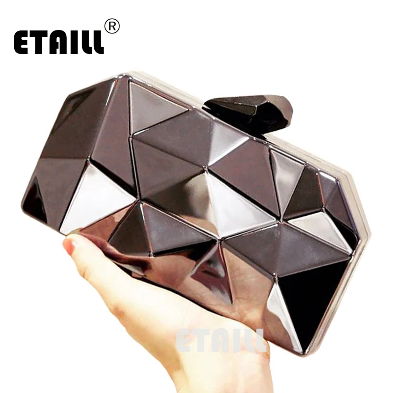 

ETAILL Shinning Geometric Rhombus Silver Metallic Clutch Purse Bag Mini Wedding Day Clutches Party Evening Bag Bolsa Feminina